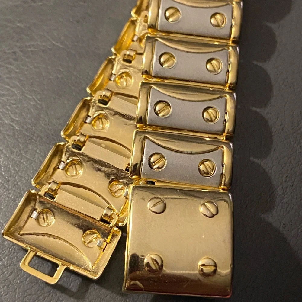 Vintage 80s Gold & Silver Two Tone Screw Head Link Bracelet With Faux Screw Head